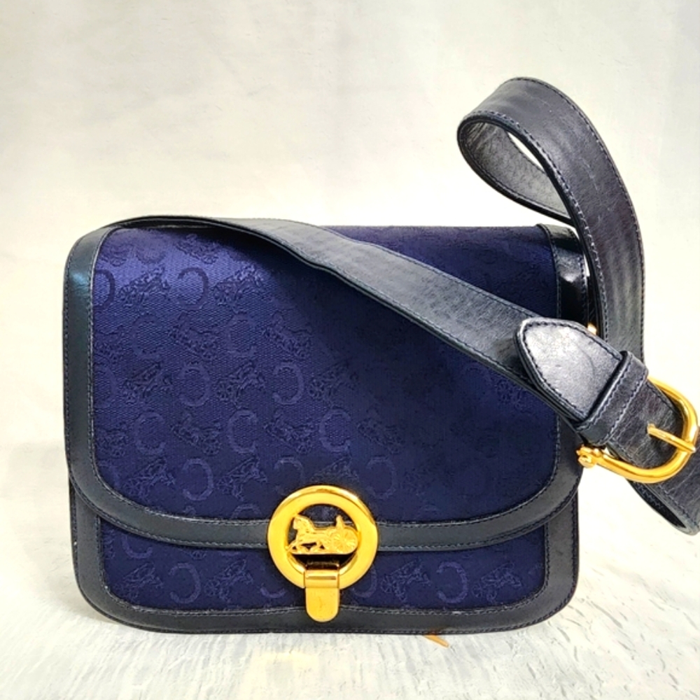 Auth Celine Macadam Carriage Navy Blue Shoulder Bag